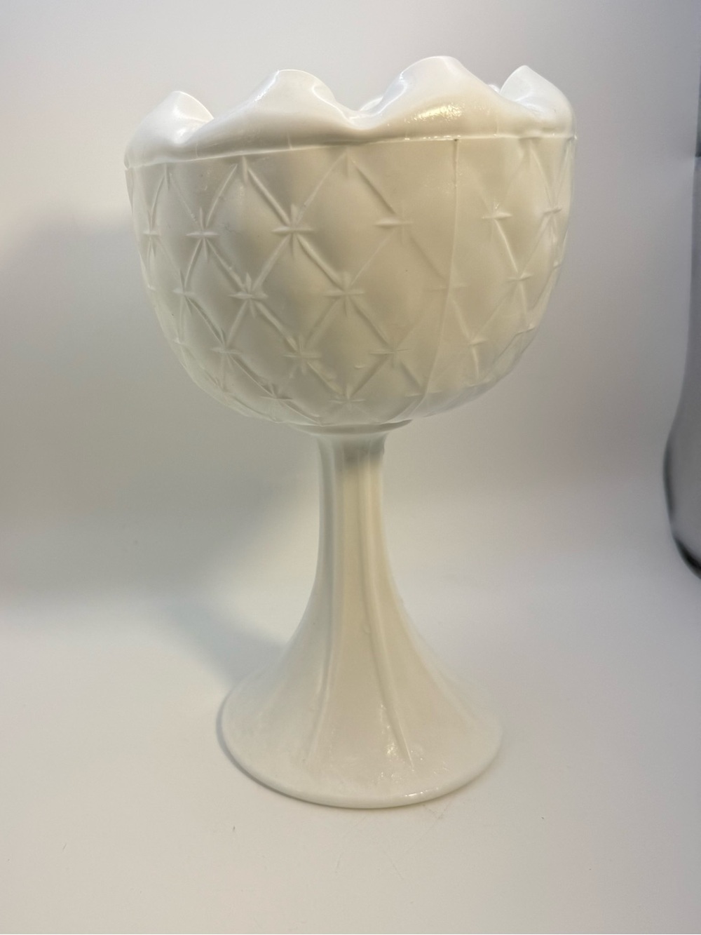 Vintage Milk Glass Compote Candy Pedestal Dish Quilted Duette Pattern 9” Cottage